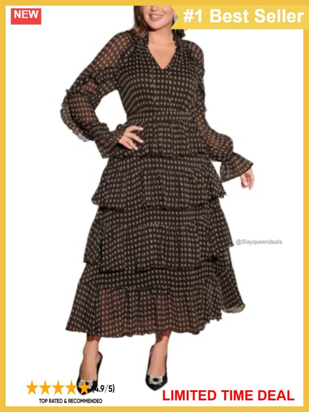 Plus Size Tiered Ruffle Chiffon Dress Paisley Gold Thread